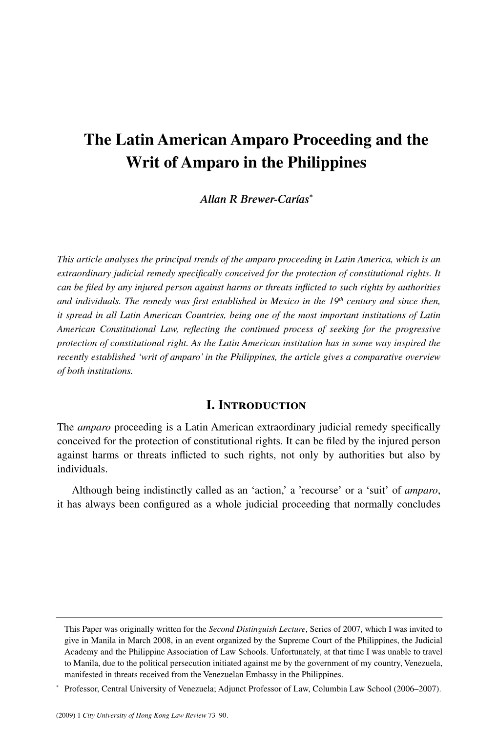 The Latin American Amparo Proceeding and the Writ of Amparo in the Philippines±