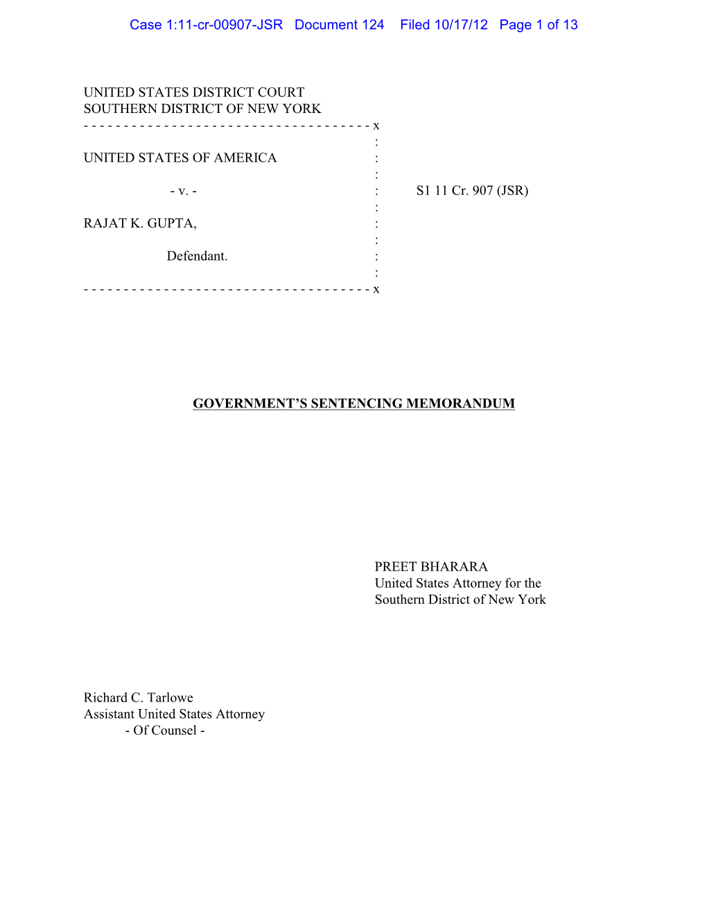 Government's Sentencing Memo in U.S. V. Gupta