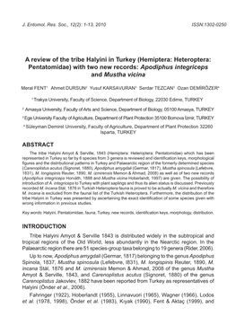 A Review of the Tribe Halyini in Turkey (Hemiptera: Heteroptera: Pentatomidae) with Two New Records: Apodiphus Integriceps and Mustha Vicina