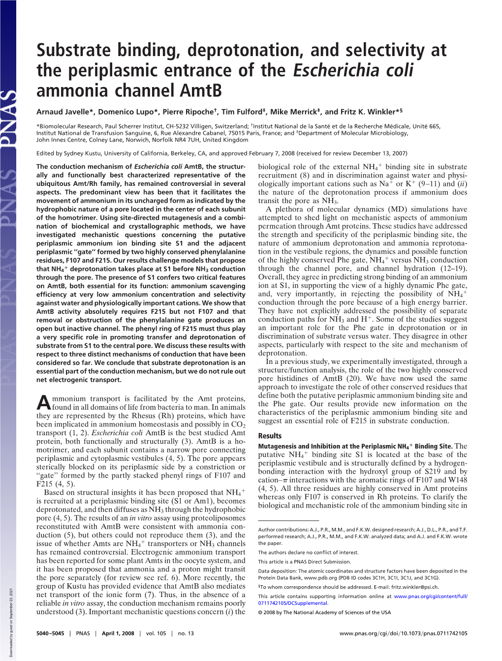 Substrate Binding, Deprotonation, and Selectivity at the Periplasmic Entrance of the Escherichia Coli Ammonia Channel Amtb