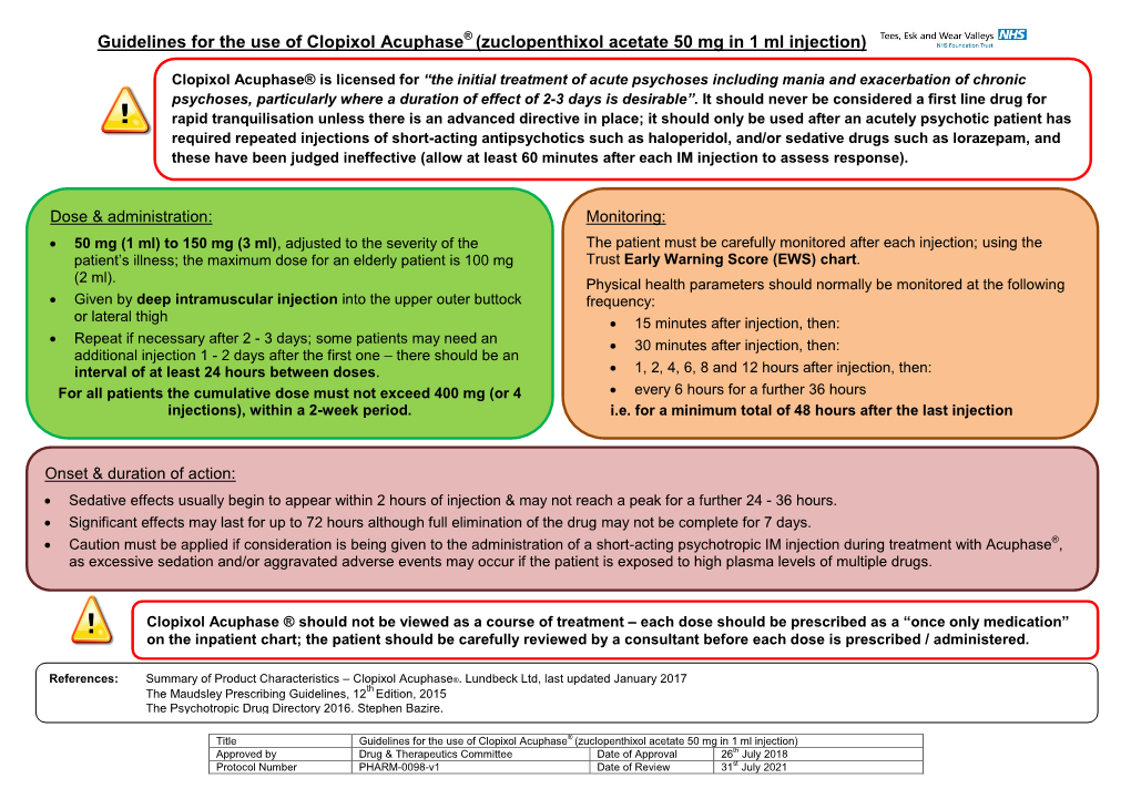 Guidelines for the Use of Clopixol Acuphase (Zuclopenthixol Acetate 50 Mg in 1 Ml Injection)