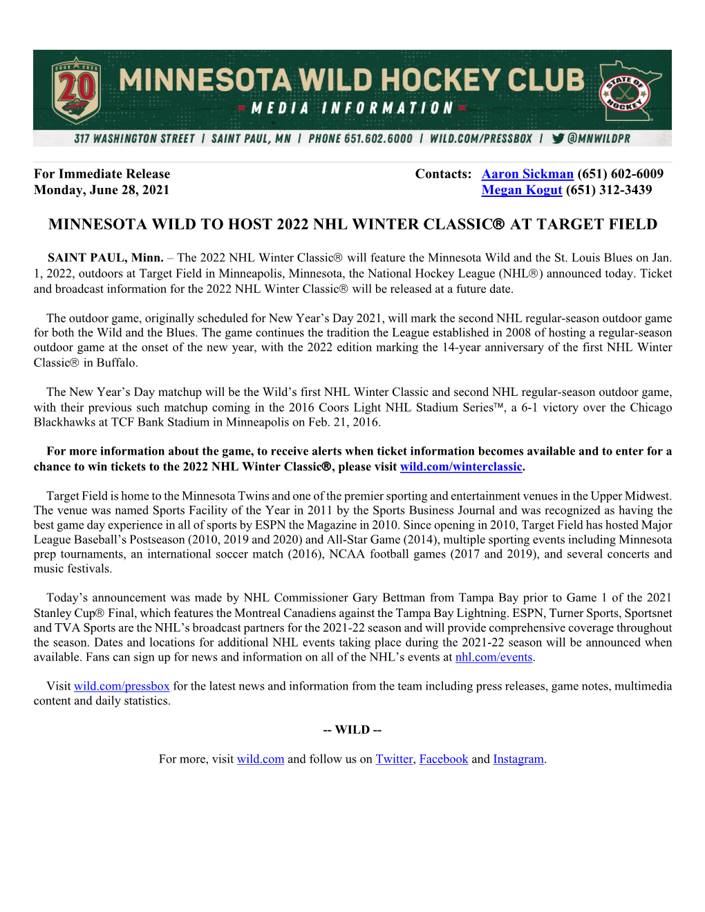 Minnesota Wild to Host 2022 Nhl Winter Classic® At