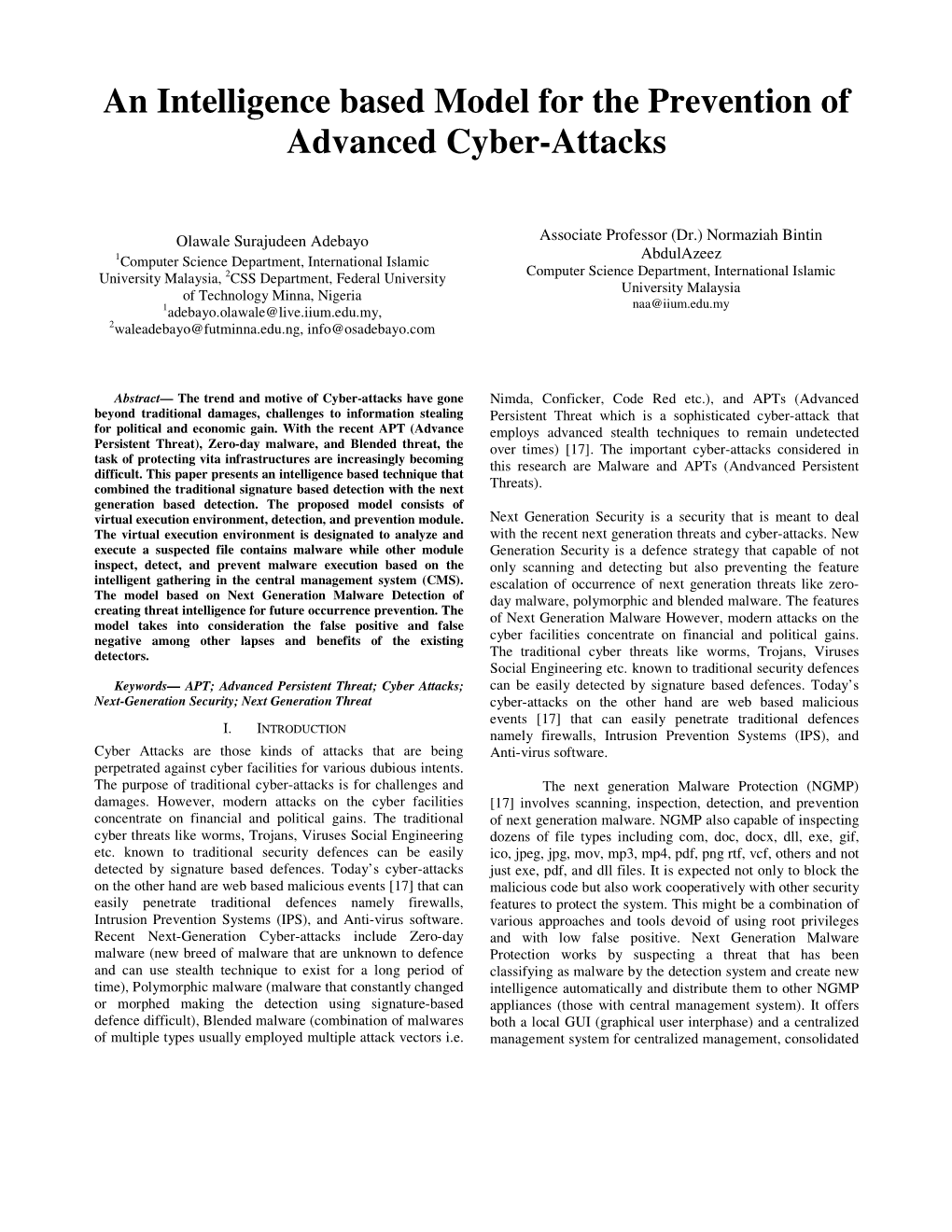 An Intelligence Based Model for the Prevention of Advanced Cyber-Attacks