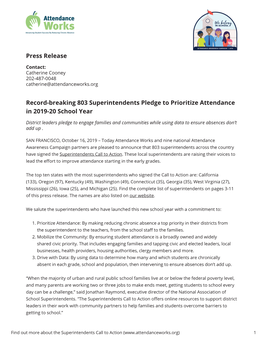 Press Release Record-Breaking 803 Superintendents Pledge to Prioritize Attendance in 2019-20 School Year