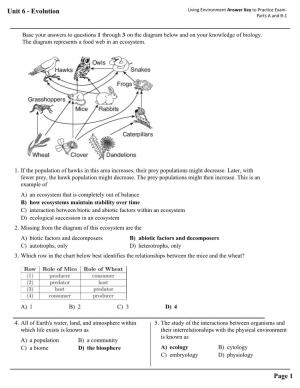Unit 6 - Evolution Living Environment Answer Key to Practice Exam- Parts a and B-1