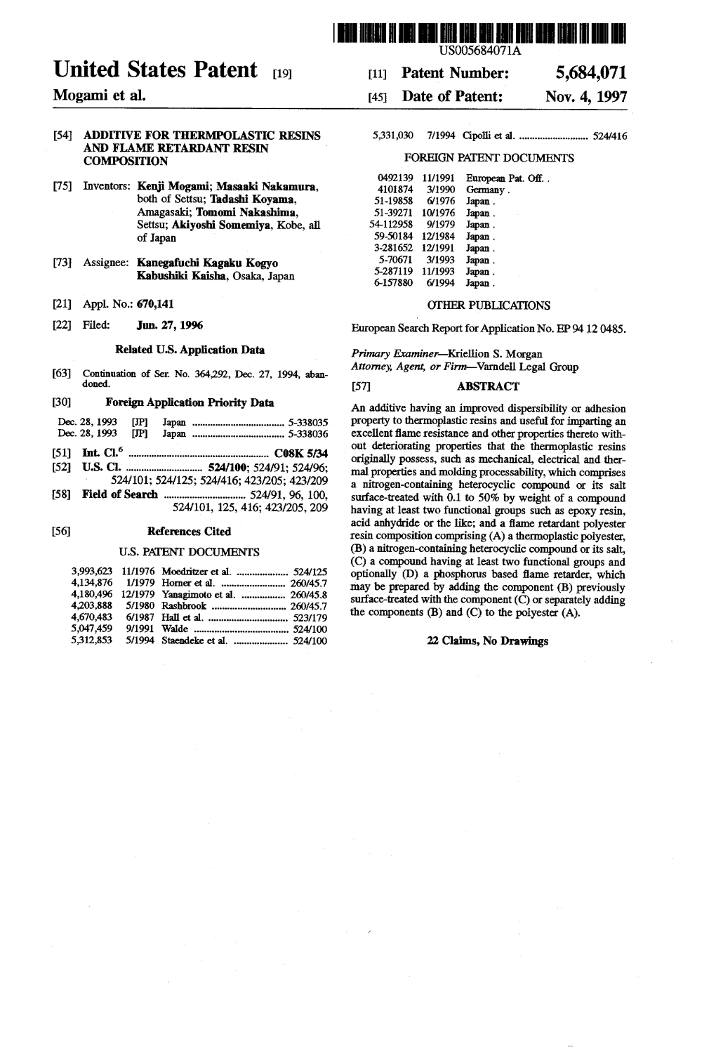 United States Patent (19) 11 Patent Number: 5,684,071 Mogami Et Al