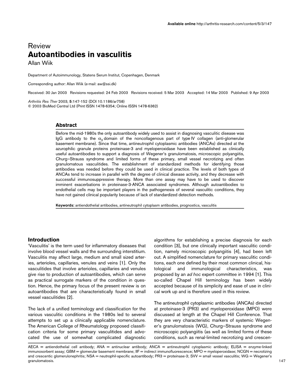 Autoantibodies in Vasculitis Allan Wiik