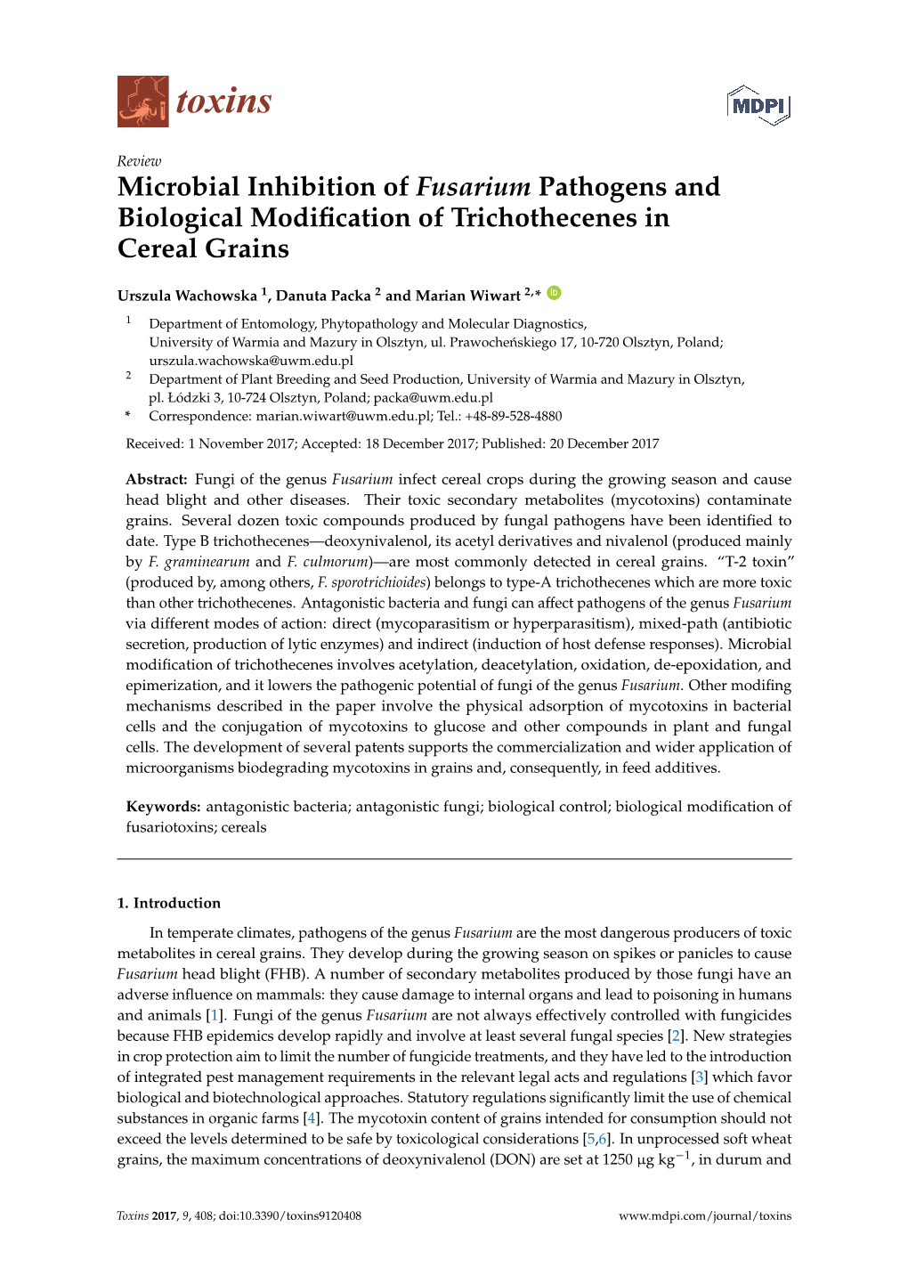 Microbial Inhibition of Fusarium Pathogens and Biological Modiﬁcation of Trichothecenes in Cereal Grains