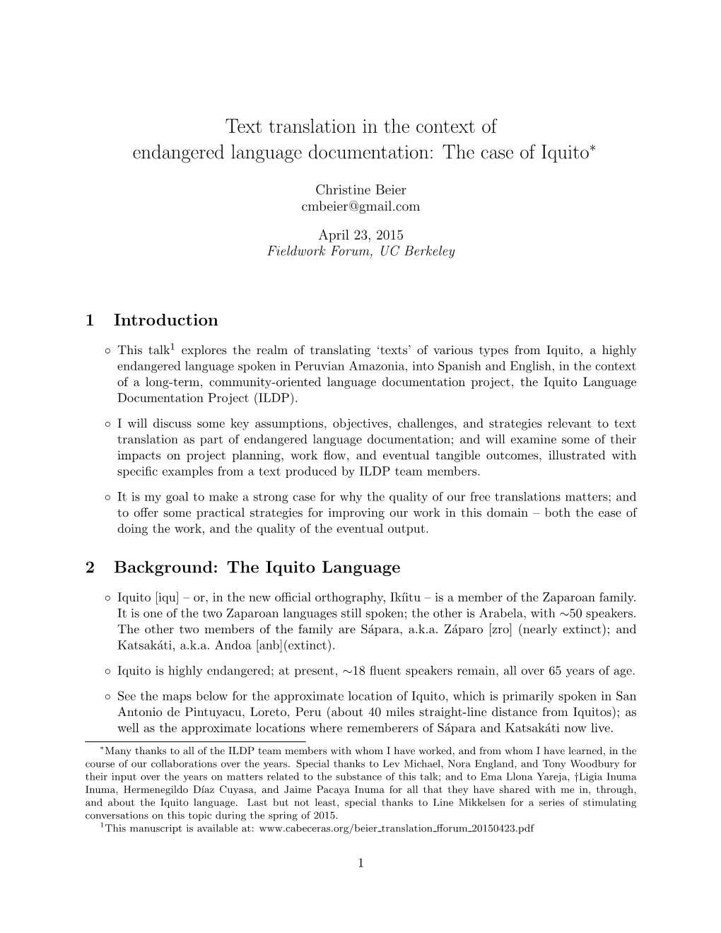 Text Translation in the Context of Endangered Language Documentation: the Case of Iquito∗