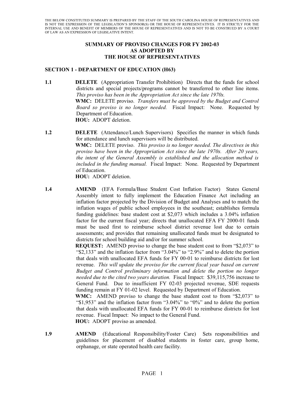 Section 1 - Department of Education (H63)