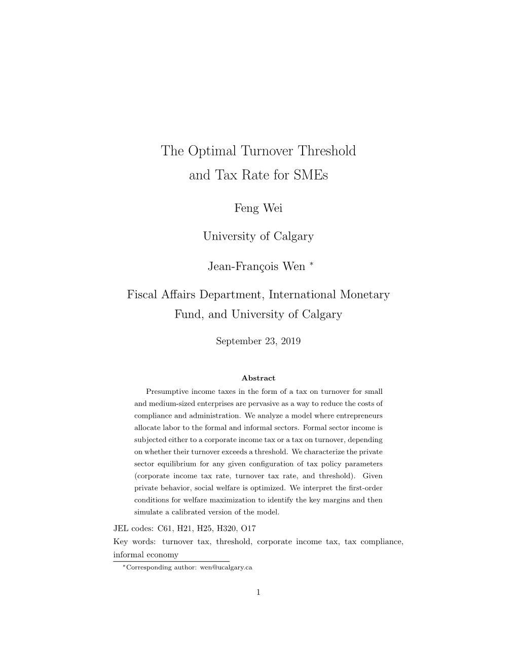 The Optimal Turnover Threshold and Tax Rate for Smes