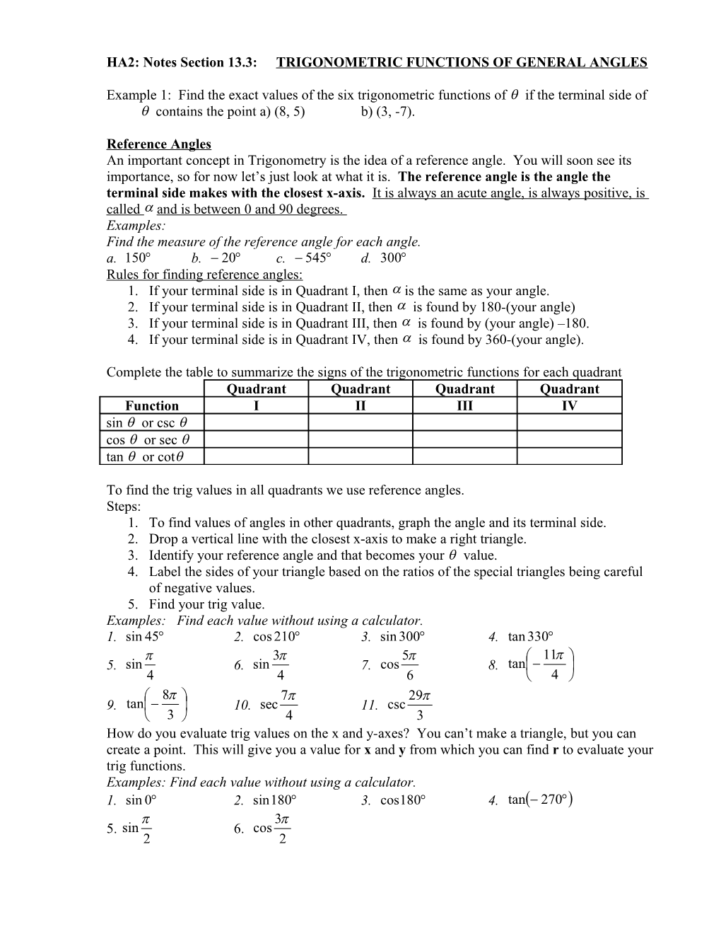 HA2: Notes Section 13.3: TRIGONOMETRIC FUNCTIONS of GENERAL ANGLES