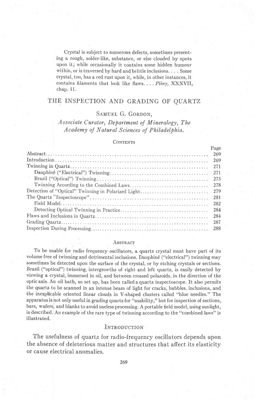 THE II{SPECTION and GRADING of QUARTZ Seuunl G. Gonoon