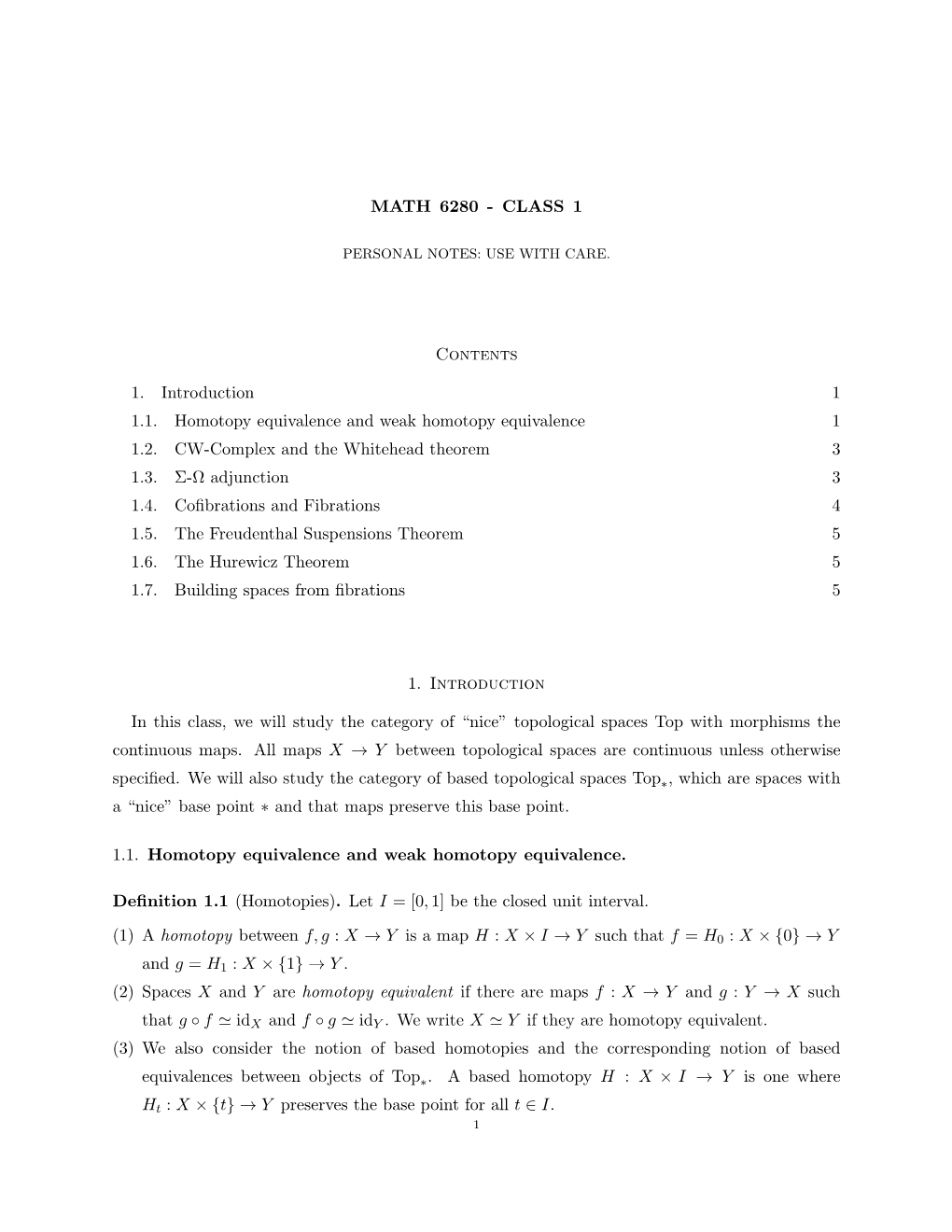 CLASS 1 Contents 1. Introduction 1 1.1. Homotopy Equivalence And