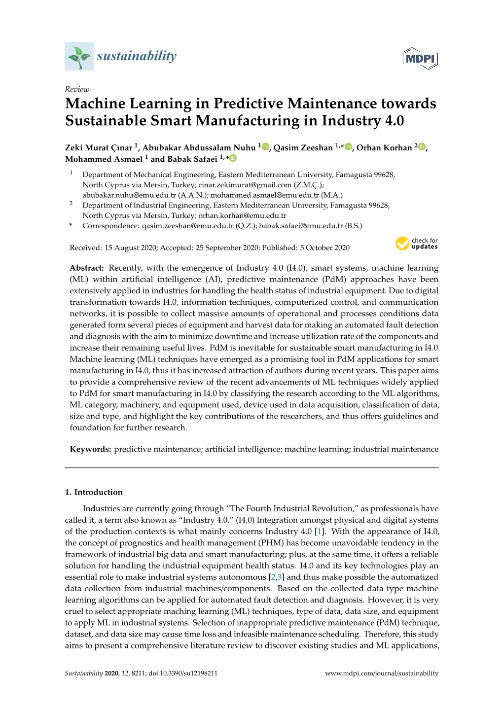 Machine Learning in Predictive Maintenance Towards Sustainable Smart Manufacturing in Industry 4.0