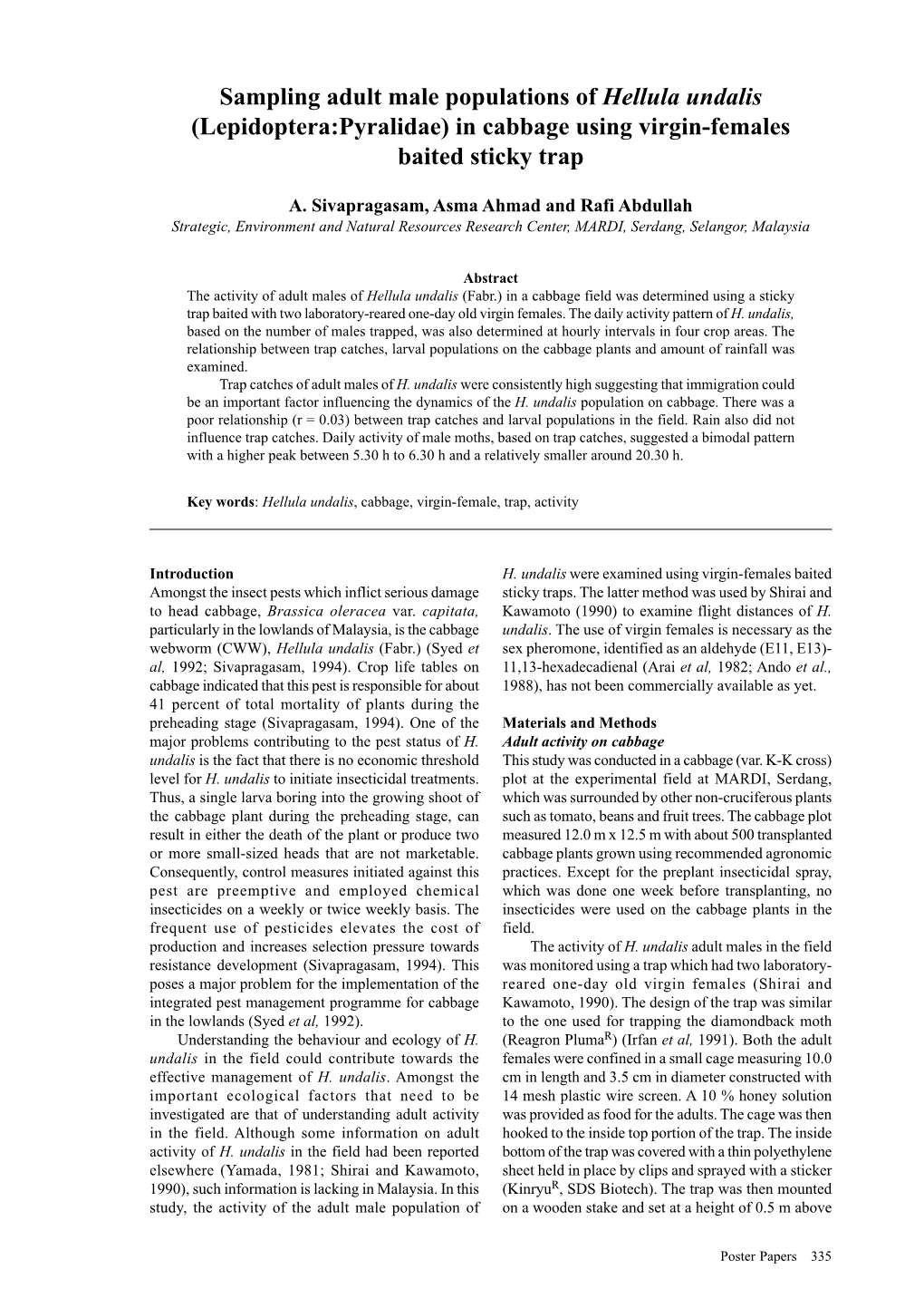 Sampling Adult Male Populations of Hellula Undalis (Lepidoptera:Pyralidae) in Cabbage Using Virgin-Females Baited Sticky Trap