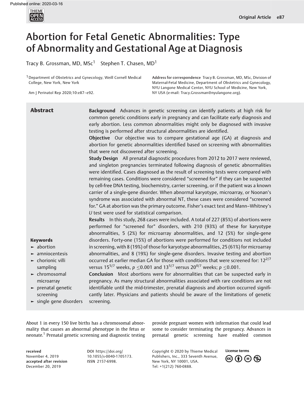 Abortion for Fetal Genetic Abnormalities: Type of Abnormality and Gestational Age at Diagnosis