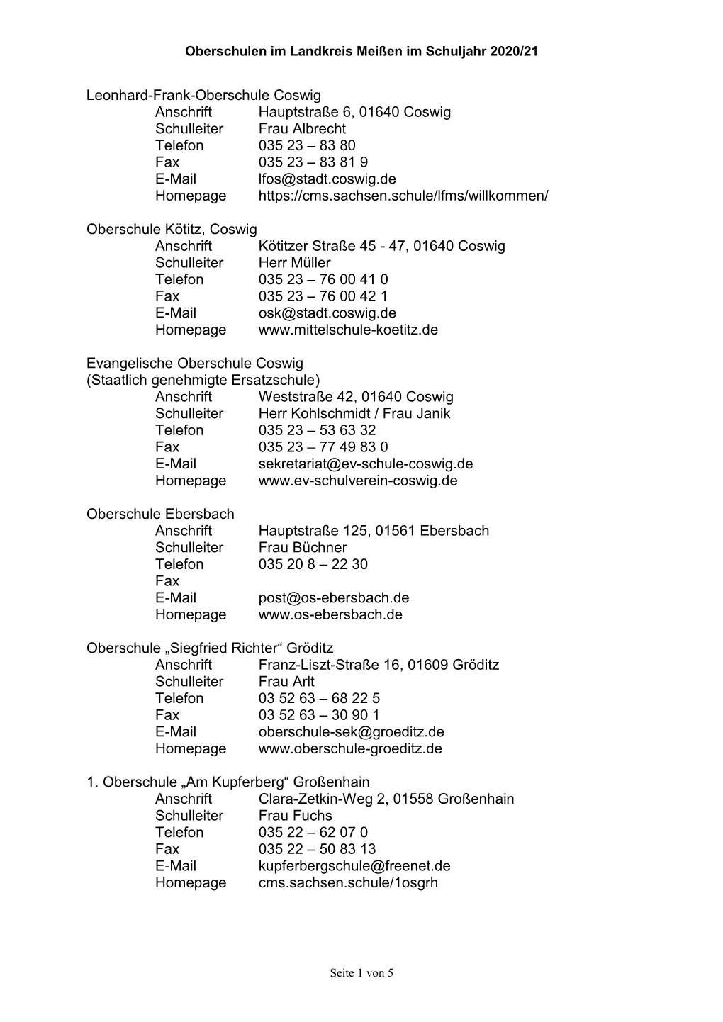 Leonhard-Frank-Oberschule Coswig Anschrift Hauptstraße 6, 01640