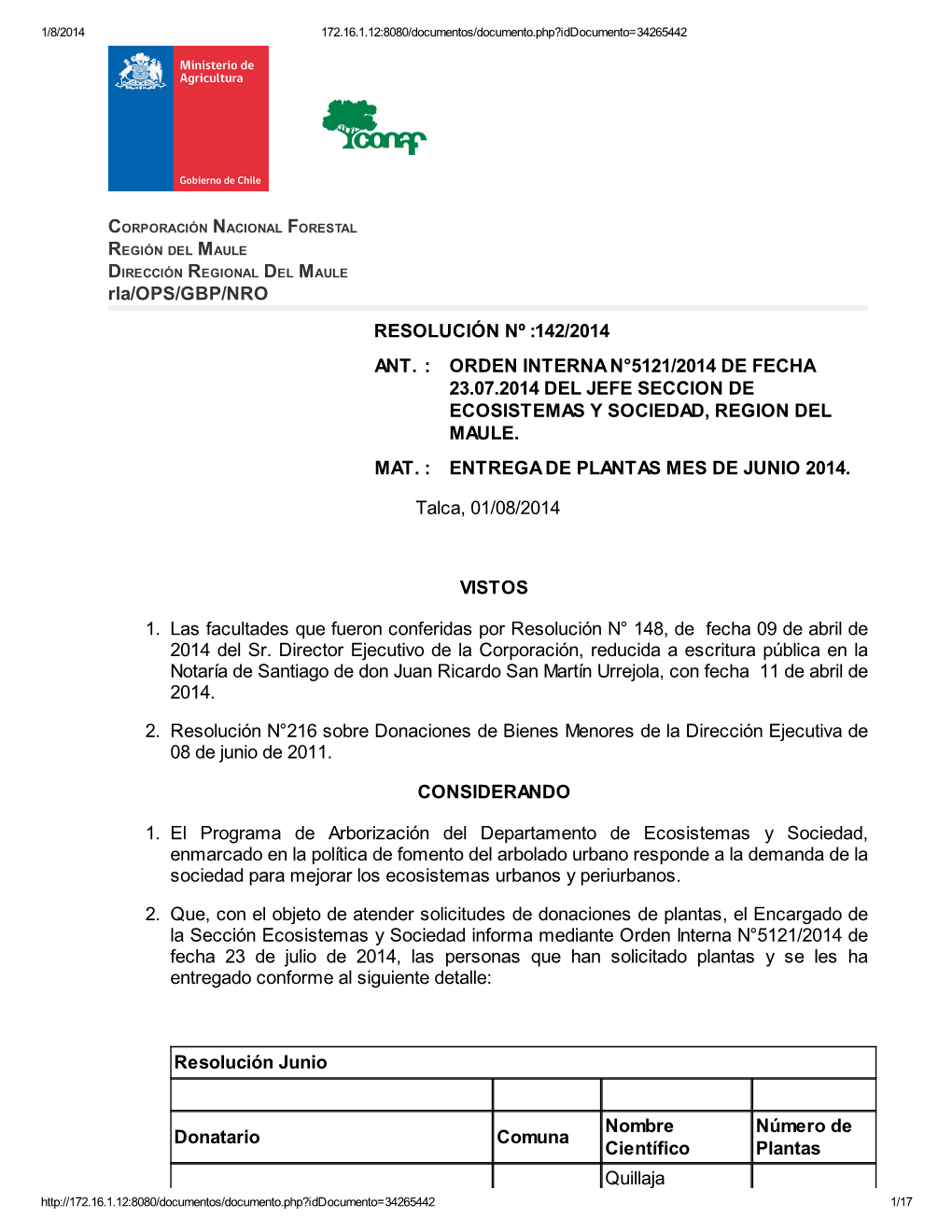 142/2014 Ant. : Orden Interna N°5121/2014 De Fecha 23.07.2014 Del Jefe Seccion De Ecosistemas Y Sociedad, Region Del Maule