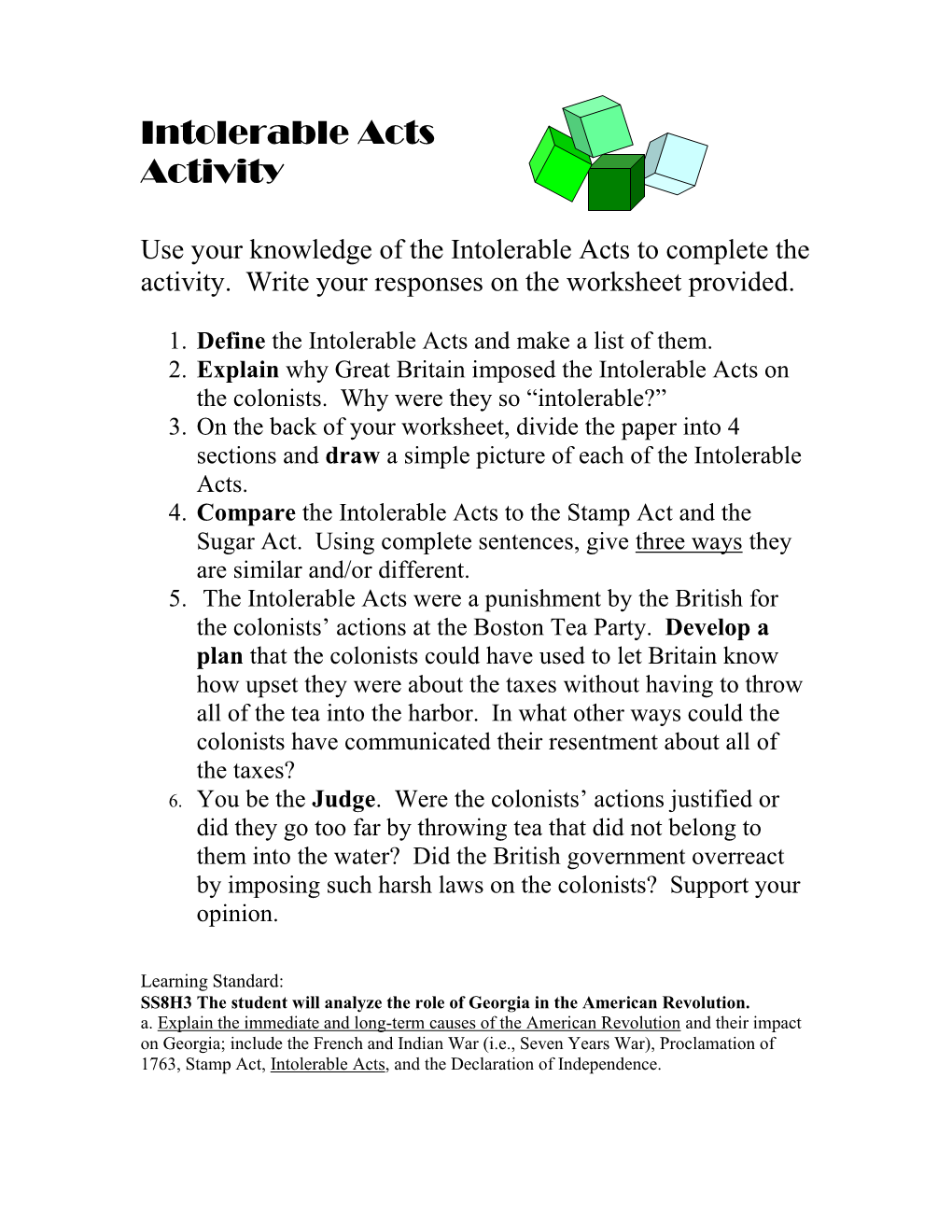 Intolerable Acts Cubing Activity