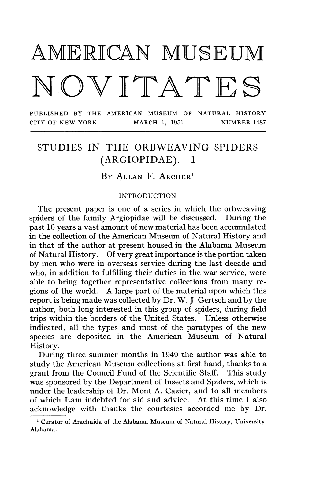 Nov Itate S Published by the American Museum of Natural History City of New York March 1, 1951 Number 1487