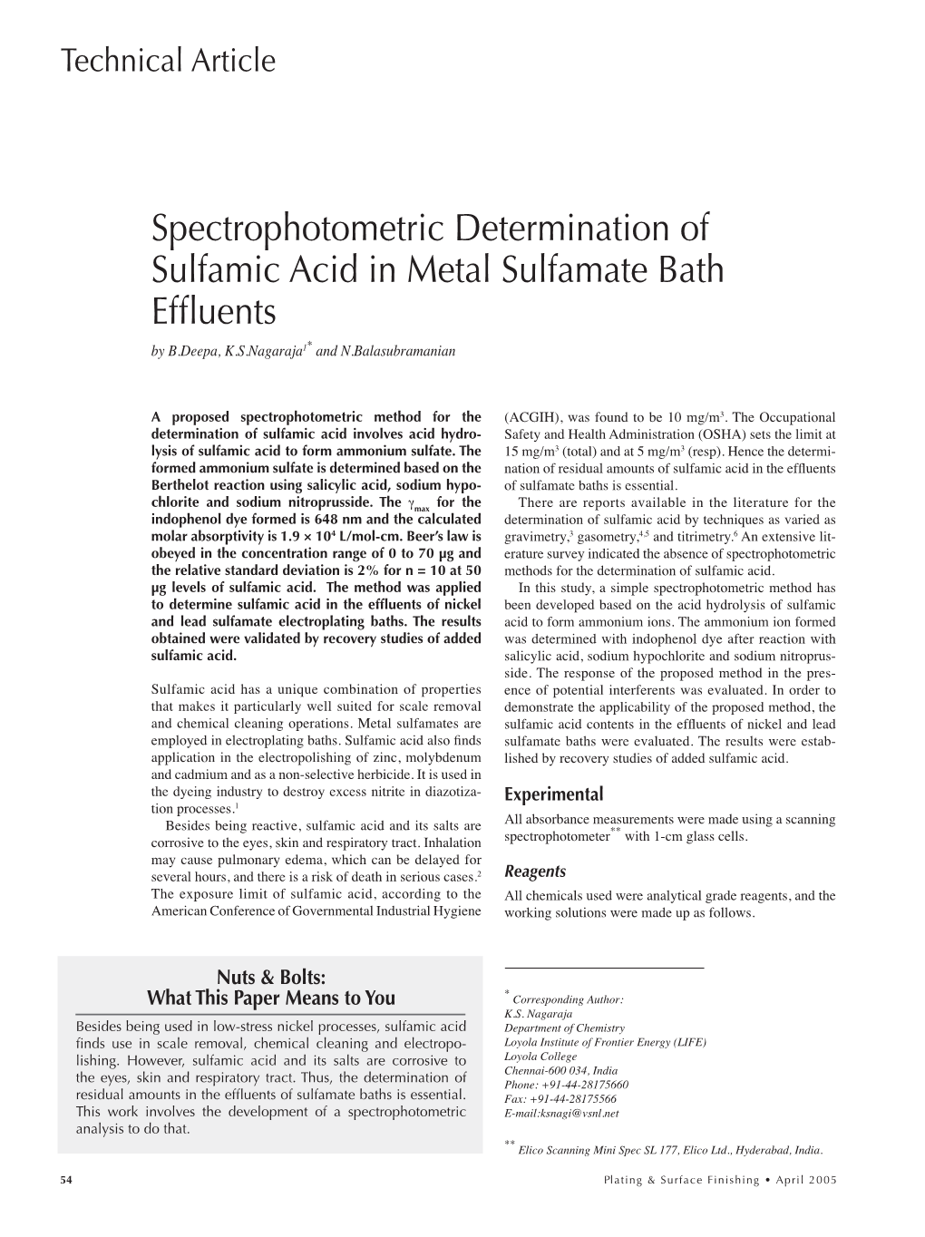 Spectrophotometric Determination of Sulfamic Acid in Metal Sulfamate Bath Efﬂ Uents by B.Deepa, K.S.Nagaraja1* and N.Balasubramanian