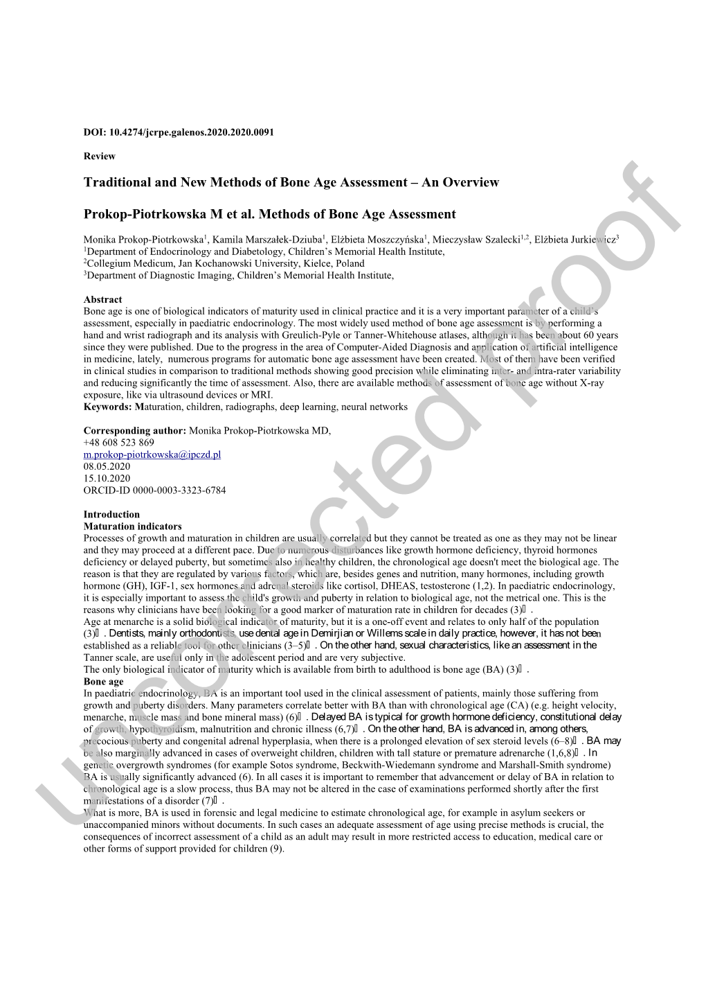 An Overview Prokop-Piotrkowska M Et Al. Methods of Bone Age Assessment