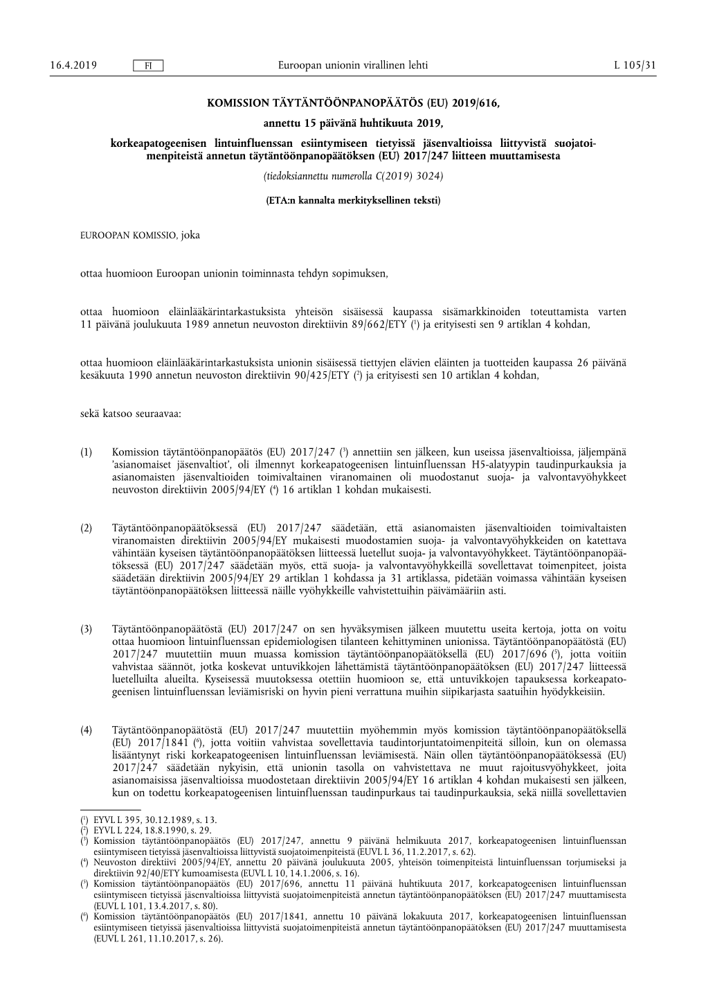 Komission Täytäntöönpanopäätös (Eu) 2019