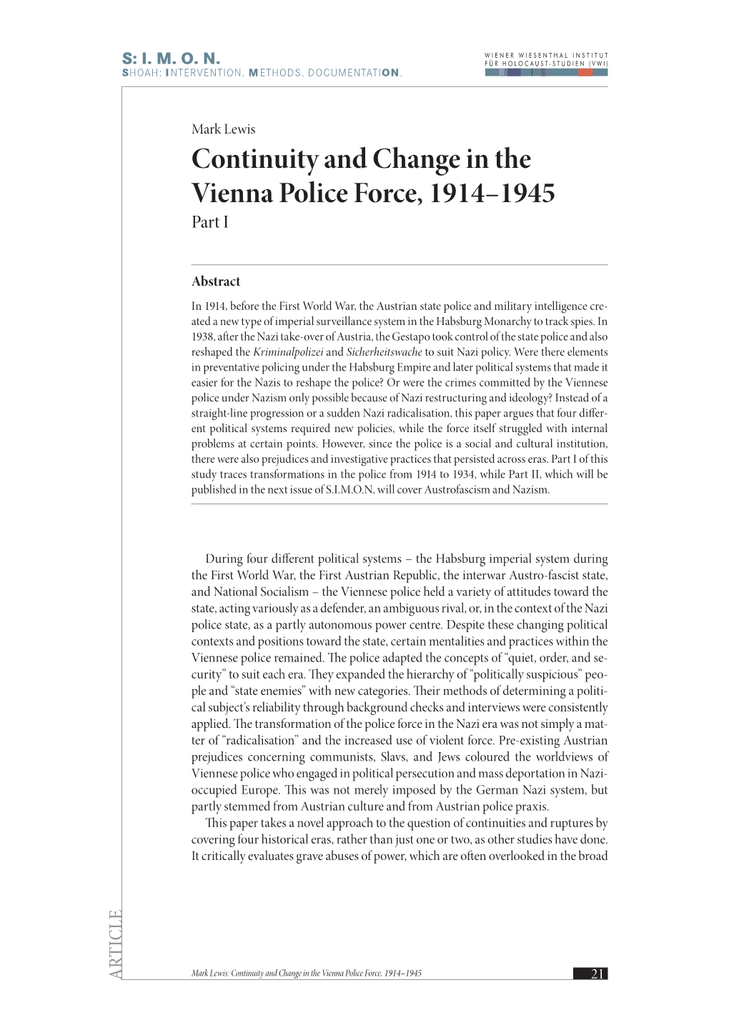 Continuity and Change in the Vienna Police Force, 1914–1945 Part I