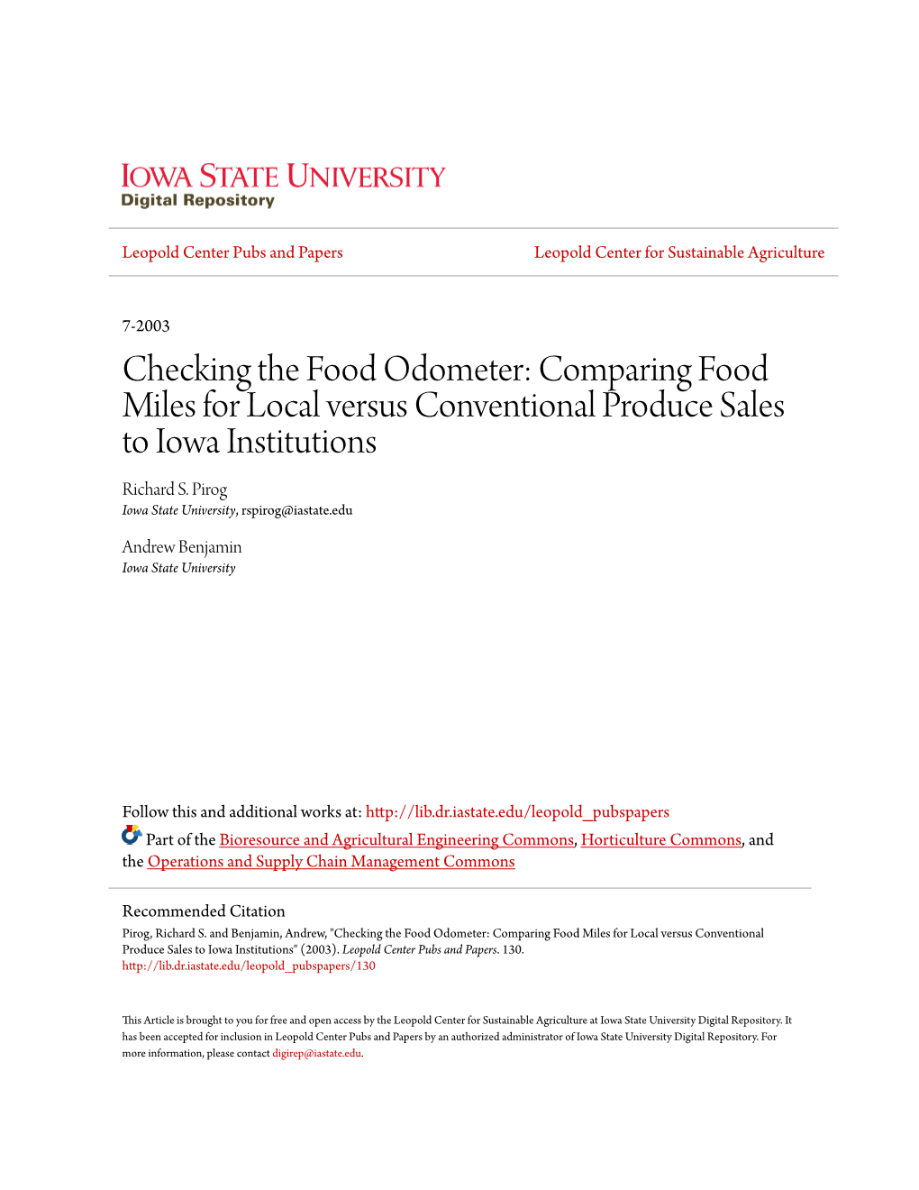 Comparing Food Miles for Local Versus Conventional Produce Sales to Iowa Institutions Richard S