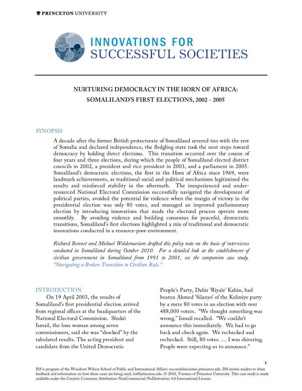 Nurturing Democracy in the Horn of Africa: Somaliland's First Elections, 2002 - 2005