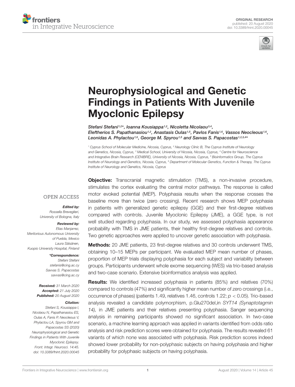 Neurophysiological and Genetic Findings in Patients with Juvenile Myoclonic Epilepsy