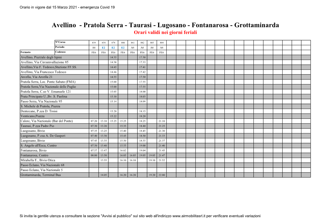 Avellino - Pratola Serra - Taurasi - Lugosano - Fontanarosa - Grottaminarda Orari Validi Nei Giorni Feriali