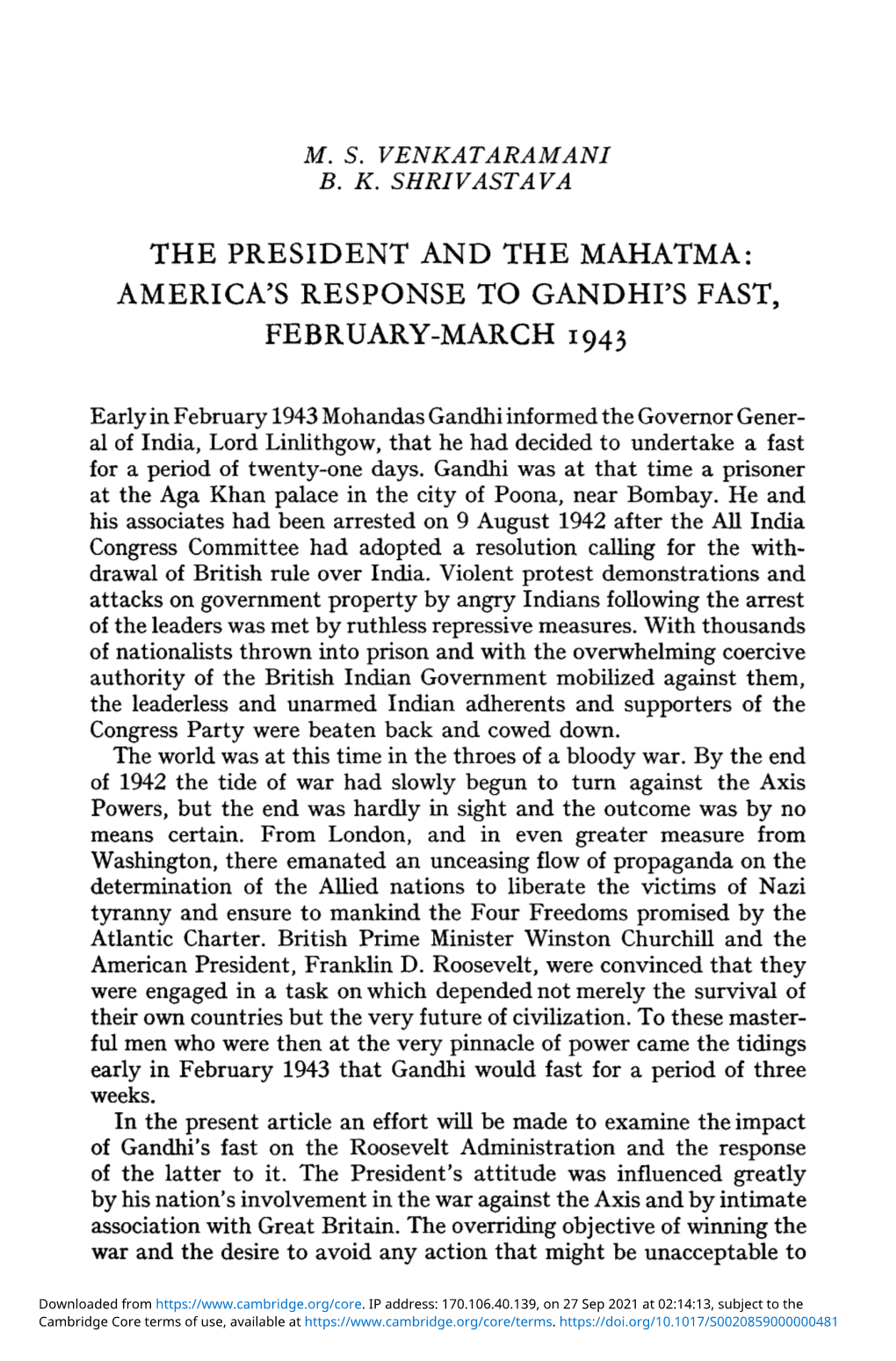 The President and the Mahatma: America's Response to Gandhi's Fast, February-March 1943