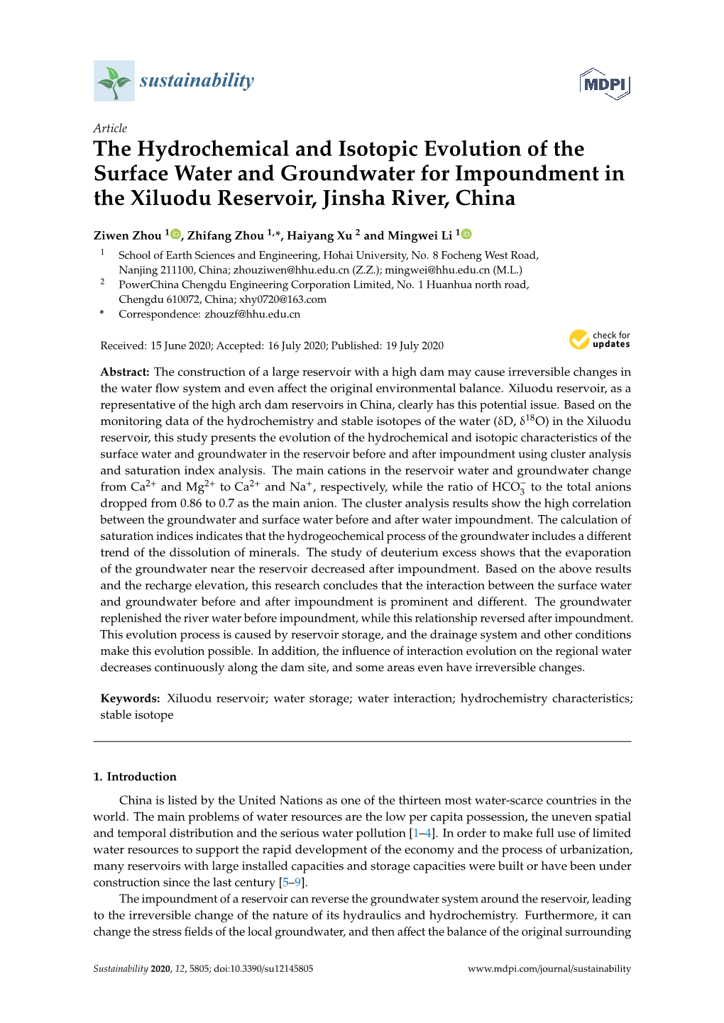 The Hydrochemical and Isotopic Evolution of the Surface Water and Groundwater for Impoundment in the Xiluodu Reservoir, Jinsha River, China