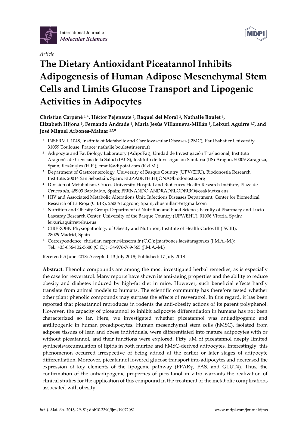 The Dietary Antioxidant Piceatannol Inhibits Adipogenesis of Human Adipose Mesenchymal Stem Cells and Limits Glucose Transport and Lipogenic Activities in Adipocytes