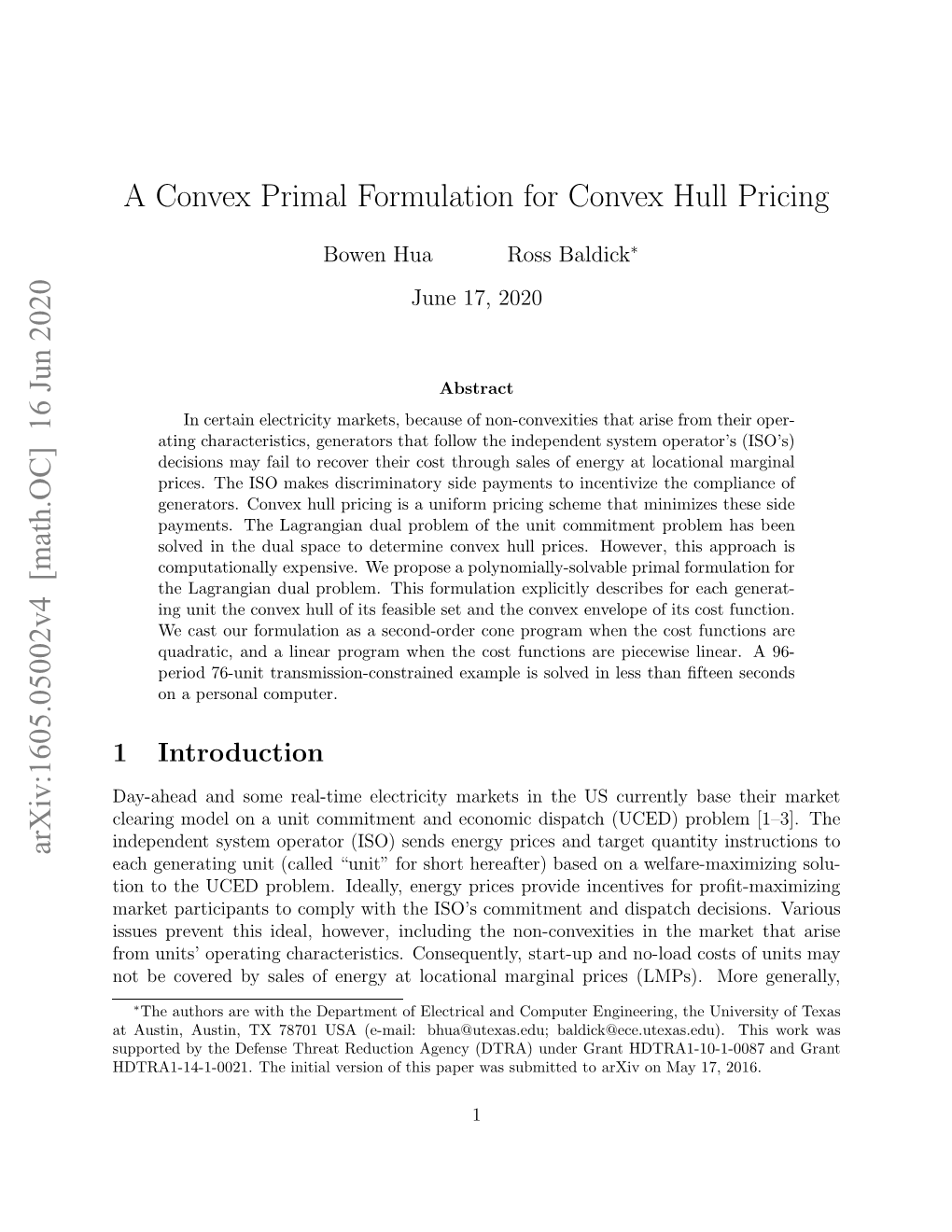 A Convex Primal Formulation for Convex Hull Pricing