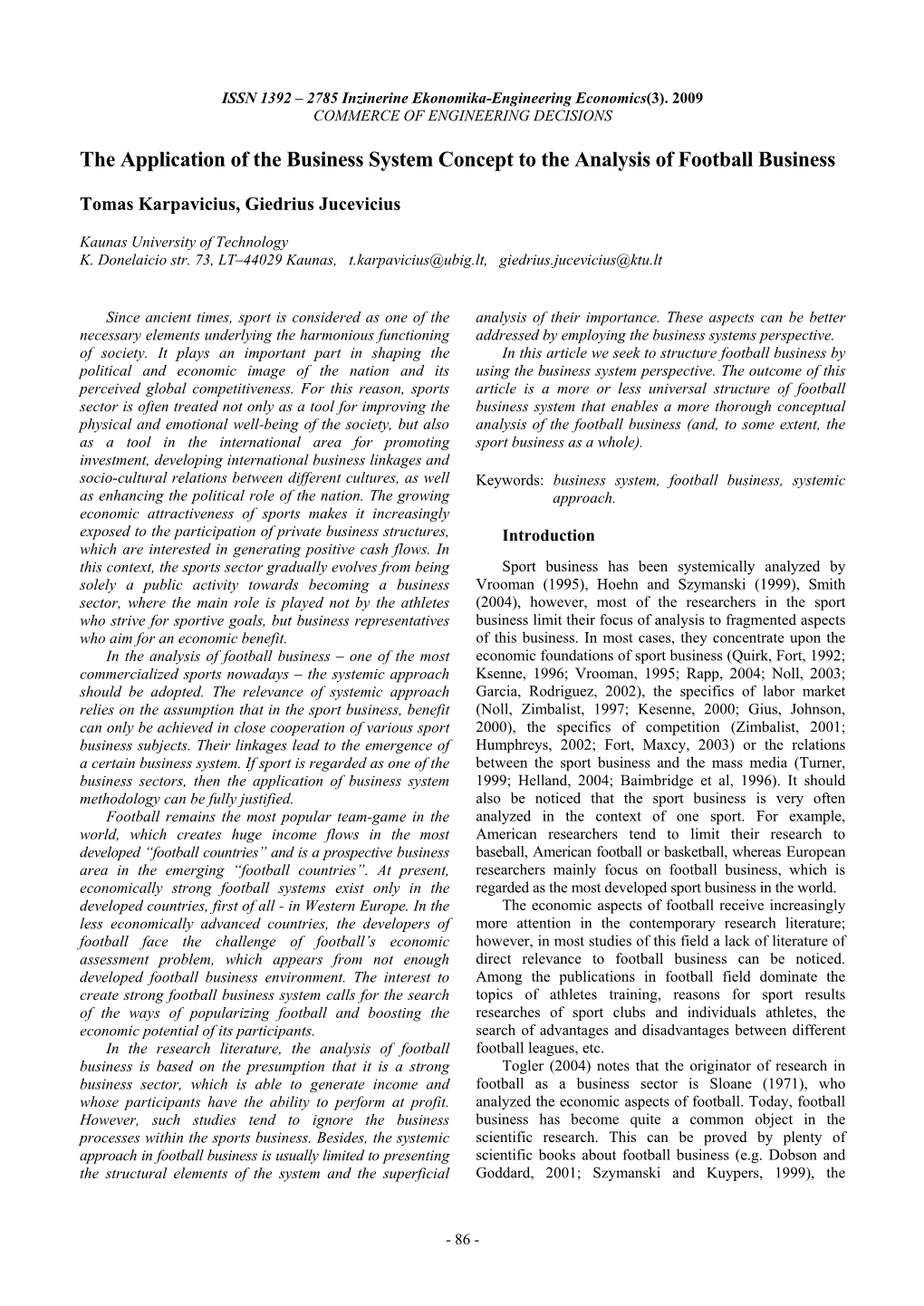 The Application of the Business System Concept to the Analysis of Football Business