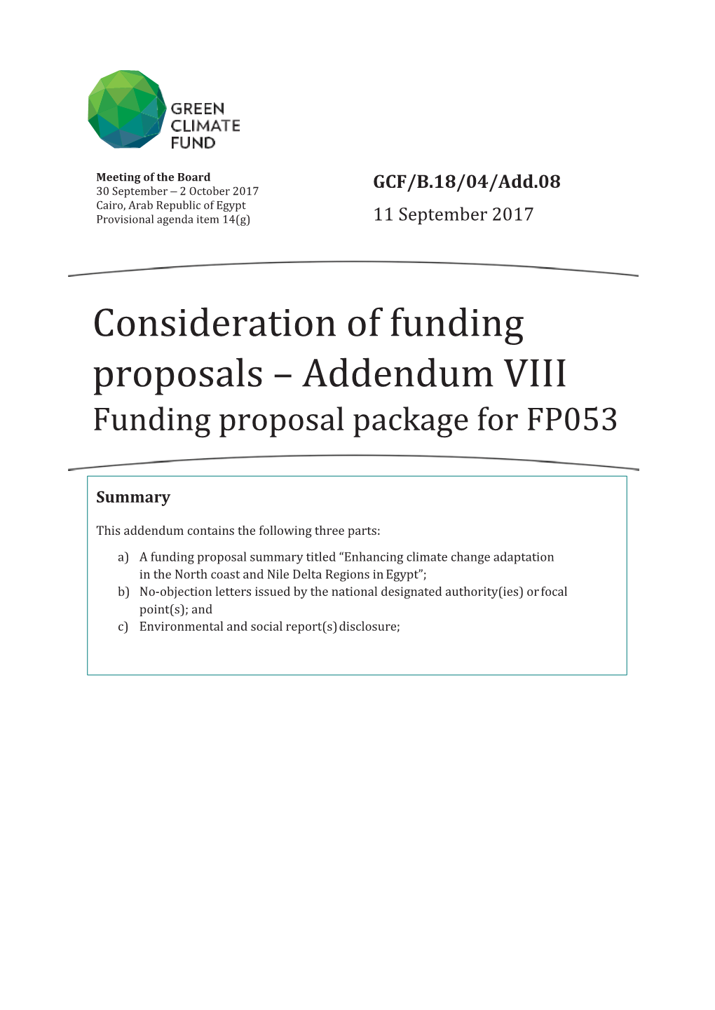 Consideration of Funding Proposals – Addendum VIII Funding Proposal Package for FP053