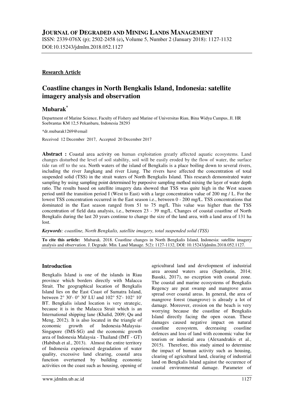 Coastline Changes in North Bengkalis Island, Indonesia: Satellite Imagery Analysis and Observation