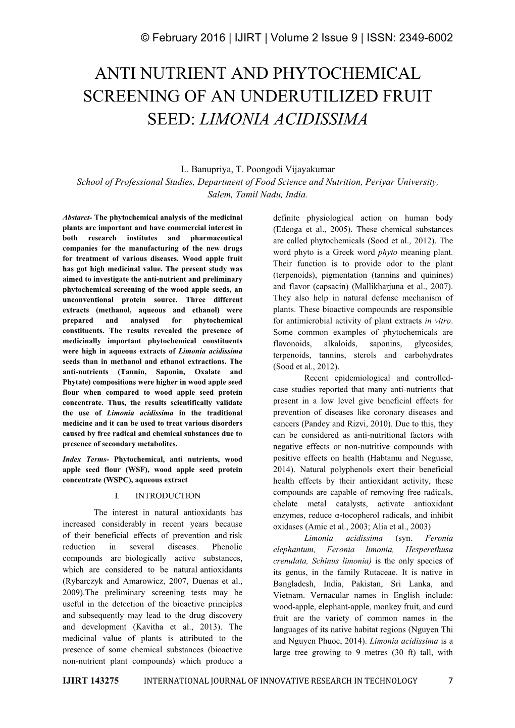 Anti Nutrient and Phytochemical Screening of an Underutilized Fruit Seed: Limonia Acidissima