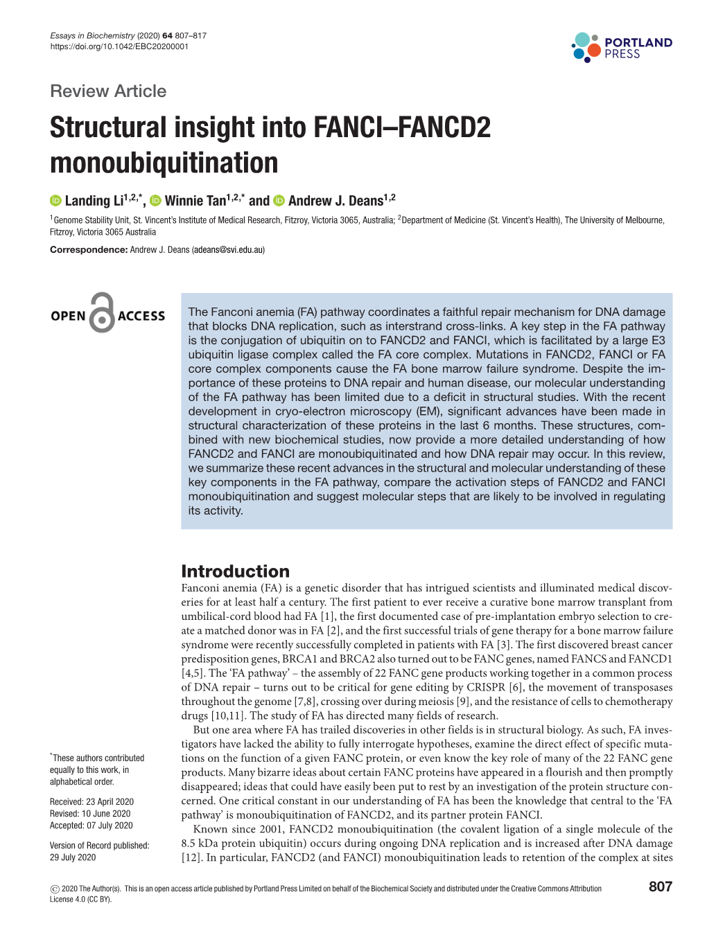 Structural Insight Into FANCI–FANCD2 Monoubiquitination