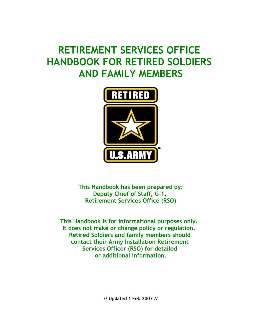 Retirement Services Office Handbook for Retired Soldiers and Family Members