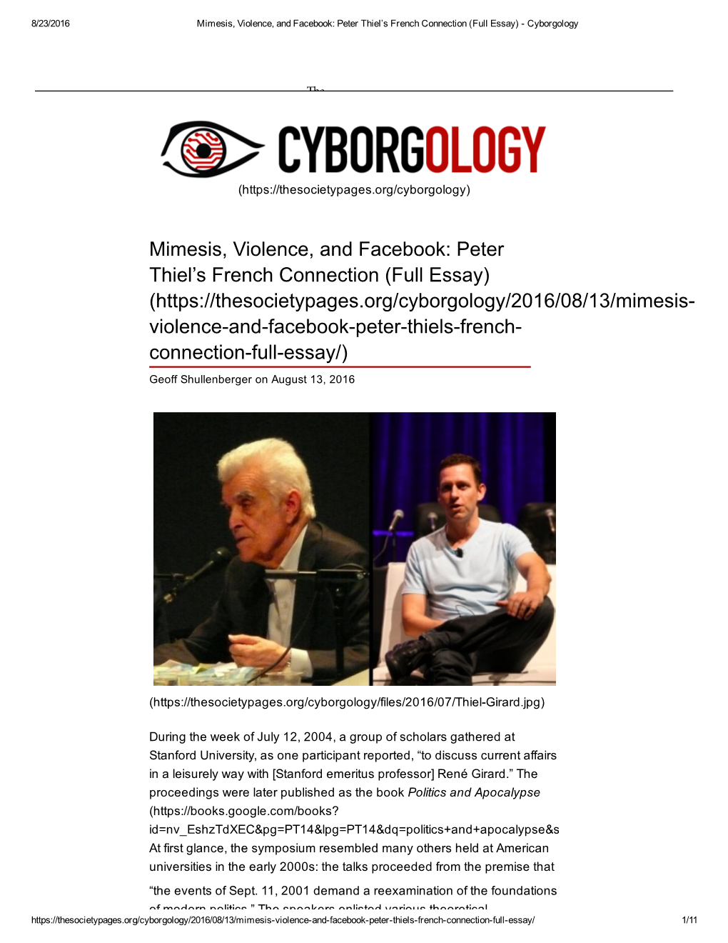 Mimesis, Violence, and Facebook: Peter Thiel's French Connection