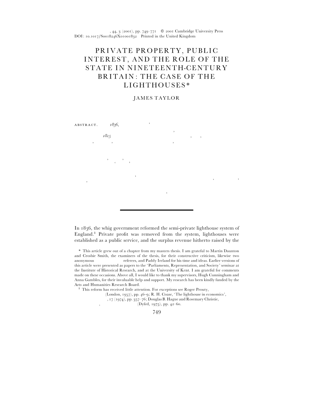 Private Property, Public Interest, and the Role of the State in Nineteenth-Century Britain: the Case of the Lighthouses*