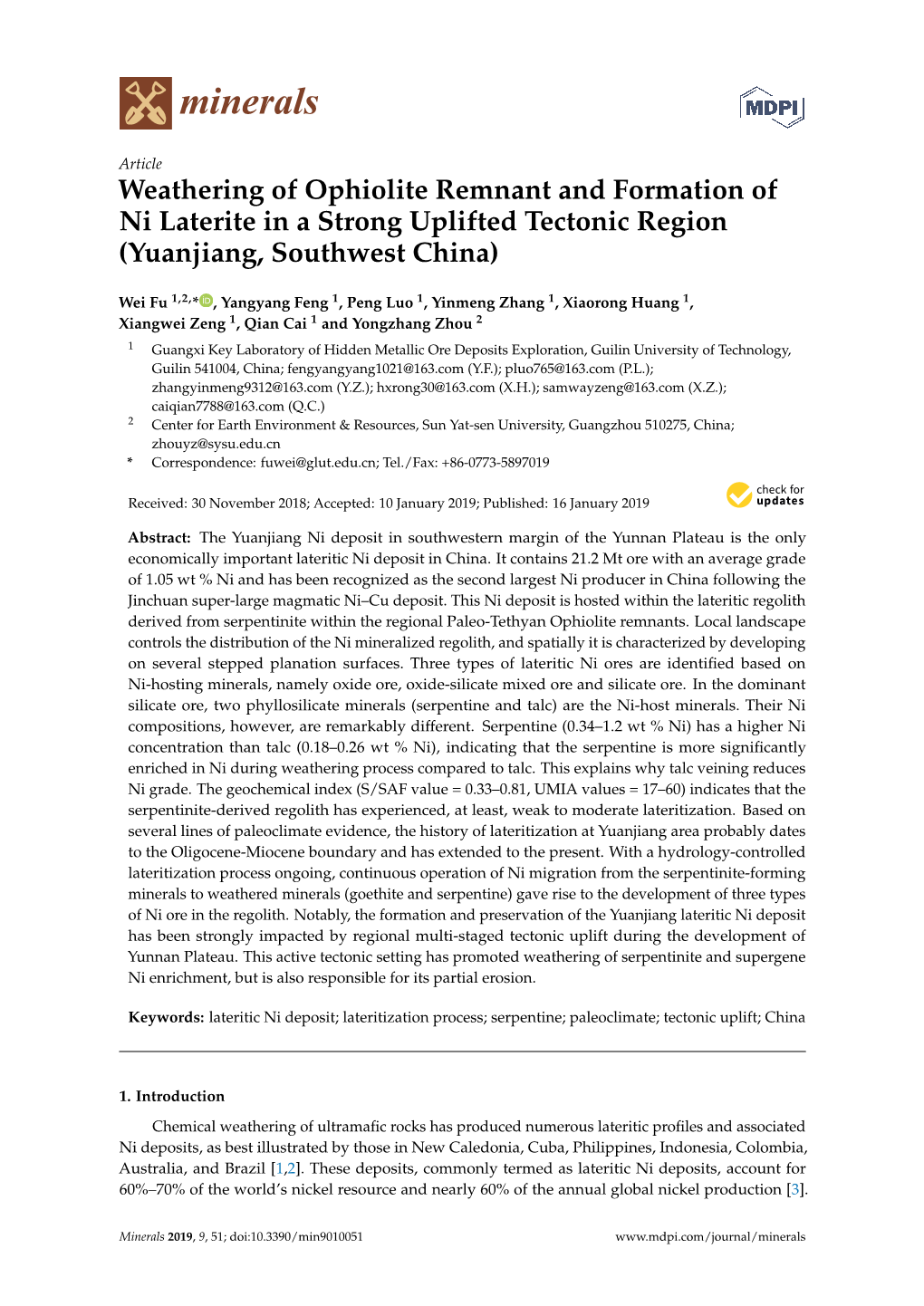 Weathering of Ophiolite Remnant and Formation of Ni Laterite in a Strong Uplifted Tectonic Region (Yuanjiang, Southwest China)