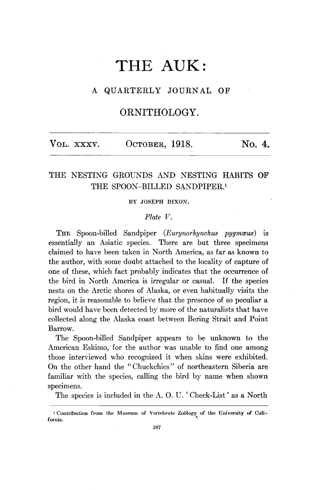 The Nesting Grounds and Nesting Habits of the Spoon-Billed Sandpiper