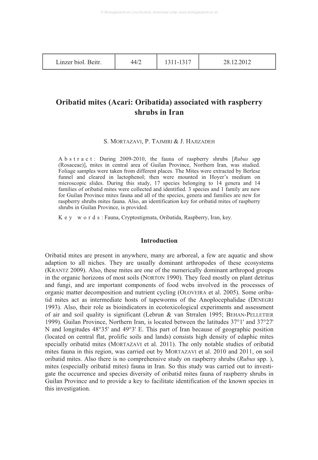 Oribatid Mites (Acari: Oribatida) Associated with Raspberry Shrubs in Iran