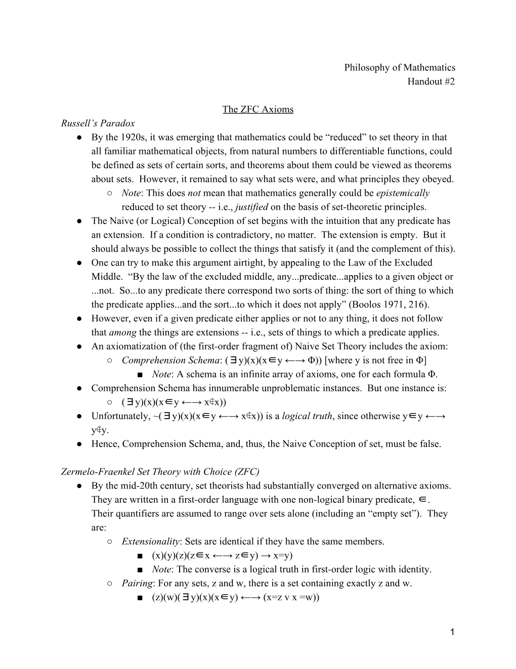 Philosophy of Mathematics Handout #2 the ZFC Axioms Russell's