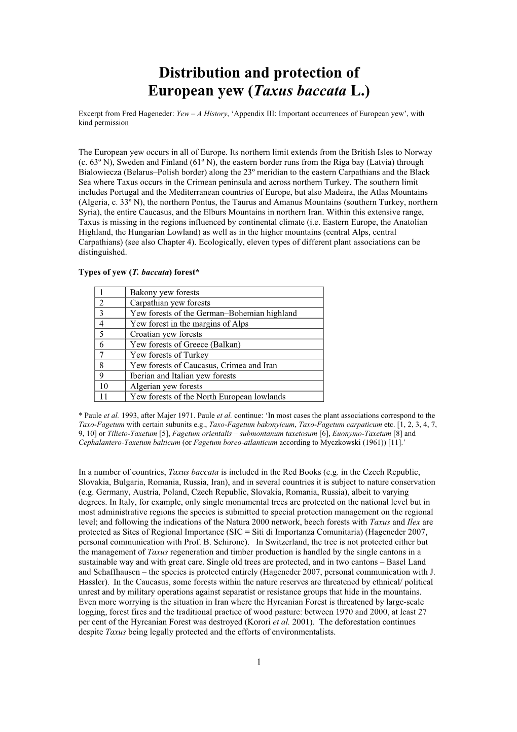 Distribution and Protection of European Yew (Taxus Baccata L.)
